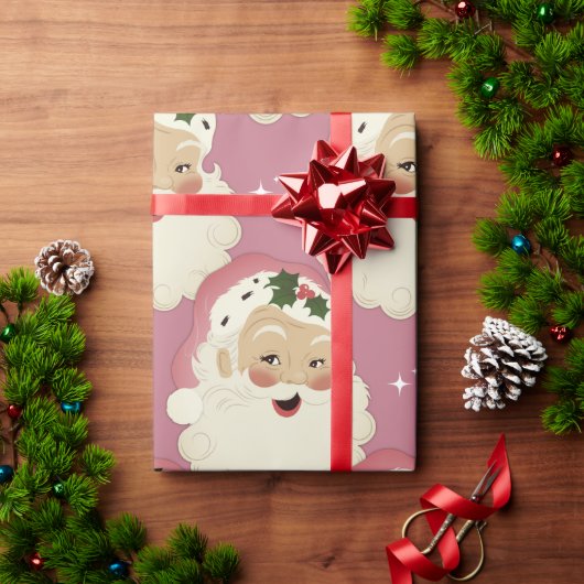  retro Santa Face Sparkle Aesthetisch Roze Cadeaupapier (Feestdagen Geschenken)