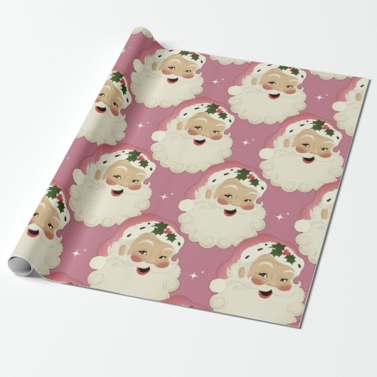  retro Santa Face Sparkle Aesthetisch Roze Cadeaupapier (Uitgerold)