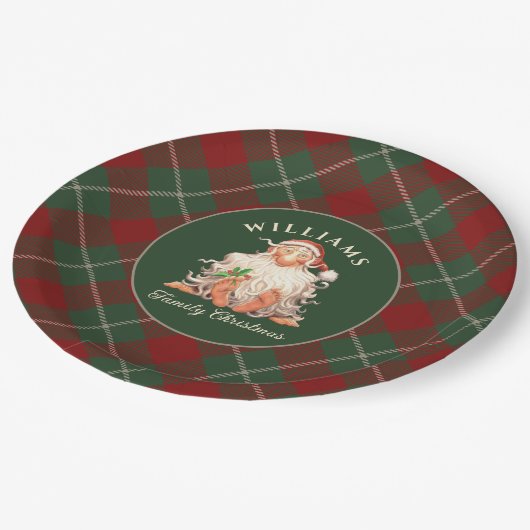 Retro Santa Familie Kerstmis met Familienaam Papieren Bordje (Gekanteld)