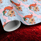 Retro Santa gezicht Kerstmis Roze Cadeaupapier