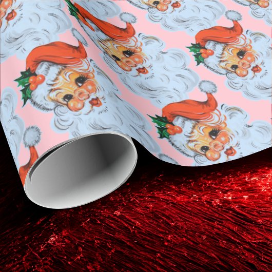 Retro Santa gezicht Kerstmis Roze Cadeaupapier