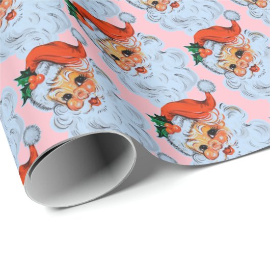 Retro Santa gezicht Kerstmis Roze Cadeaupapier (Rol Hoek)