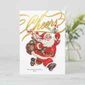 Retro Santa Gold Script Cheers Non-Photo Christmas Feestdagenkaart (Staand voorkant)