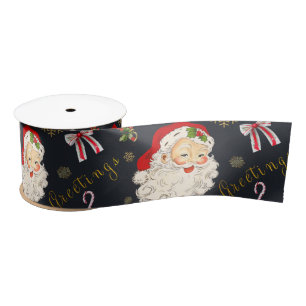 Retro Santa Greeting op Noir Satijnen Lint