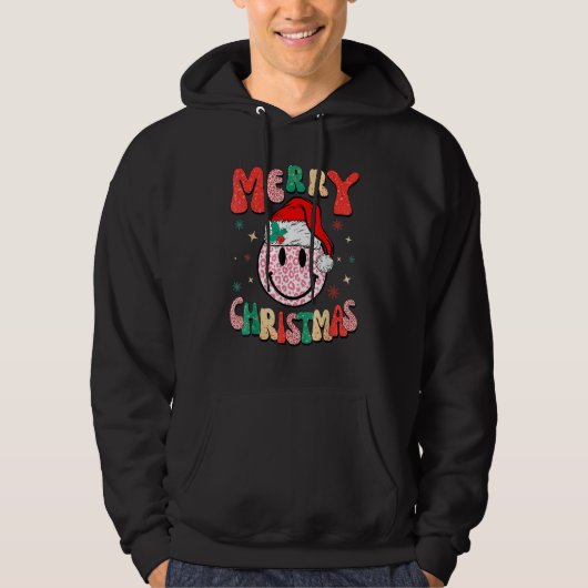 Retro Santa Hat Leopard Smile Face Merry Christmas Hoodie (Voorkant)