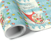 Retro Santa Helicopter Holiday Lights Aqua Blue Cadeaupapier (Rol Hoek)