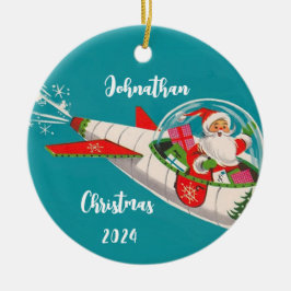 Retro Santa in Rocketship Gepersonaliseerd Ornamen Keramisch Ornament