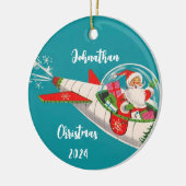 Retro Santa in Rocketship Gepersonaliseerd Ornamen Keramisch Ornament (Links)
