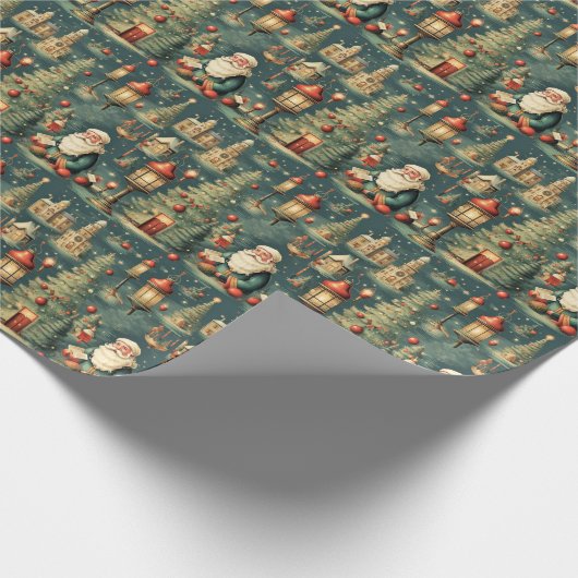 Retro Santa Kerk Kerstbomen Lantaarns Cadeaupapier (Hoek)