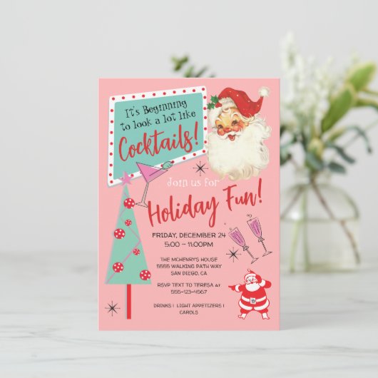  Retro Santa Kerstmis Cocktail Party Kaart (Staand voorkant)