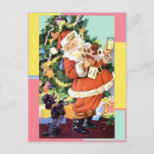 Retro Santa, Koekjes en Melk, en Dansende Poodle Briefkaart (Voorkant)