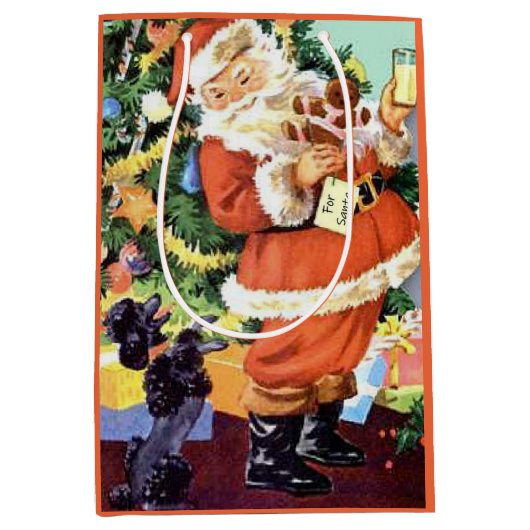 Retro Santa, Koekjes en Melk, en Dansende Poodle Medium Cadeauzakje (Voorkant)