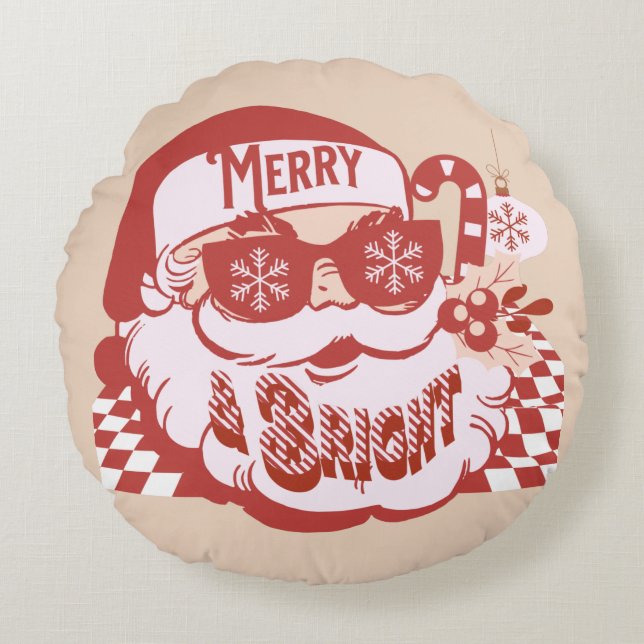 Retro Santa Merry en Bright Groovy Rond Kussen (Voorkant)