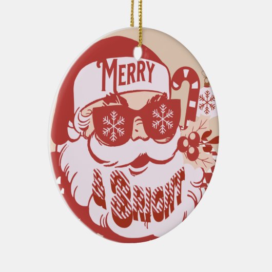 Retro Santa Merry, helder kerstroze rood Keramisch Ornament (Rechts)