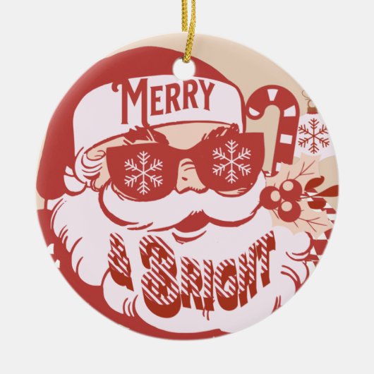 Retro Santa Merry, helder kerstroze rood Keramisch Ornament (Voorkant)