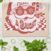 Retro Santa Merry, helder kerstroze rood Theedoek (Gevouwen)