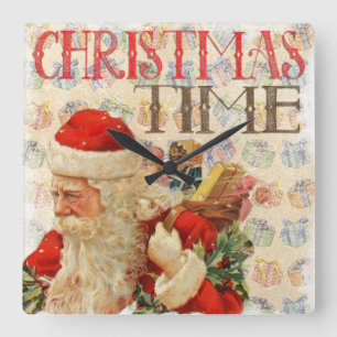 Retro Santa met Cadeaus en kersttijd Vierkante Klok