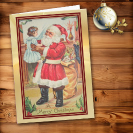 Retro Santa onderzoekt de Doll Red Border Holiday Kaart