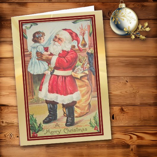 Retro Santa onderzoekt de Doll Red Border Holiday Kaart