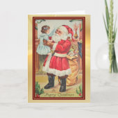 Retro Santa onderzoekt de Doll Red Border Holiday Kaart (Voorkant)