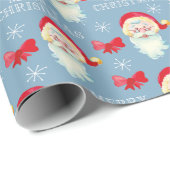 Retro Santa op parelblauw kerstfeest Cadeaupapier (Rol Hoek)