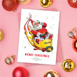 Retro Santa op Rocket Non-Photo Christmas-Kaart<br><div class="desc">Deze feestelijke vakantiekaart zonder foto is voorzien van een afbeelding van de kerstman op een raket in plaats van een traditionele slee. De begroeting op de voorkant van de kaart zegt "Vrolijk kerstfeest", maar is bewerkbaar en kan worden gewijzigd naar alles wat je wilt. Er is ook ruimte voor uw...</div>