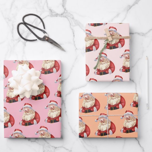 Retro Santa Pastel Roze Kerst Verpakkingspapier Inpakpapier Vel (Voorkant)