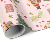 Retro Santa Pink Christmas Wrapping Paper Rolls Cadeaupapier (Rol Hoek)