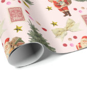 Retro Santa Pink Christmas Wrapping Paper Rolls Cadeaupapier (Rol Hoek)