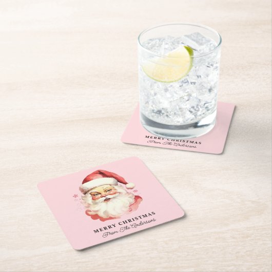 Retro Santa Pink Gepersonaliseerde naam Kerstmis Kartonnen Onderzetters (Insitu)
