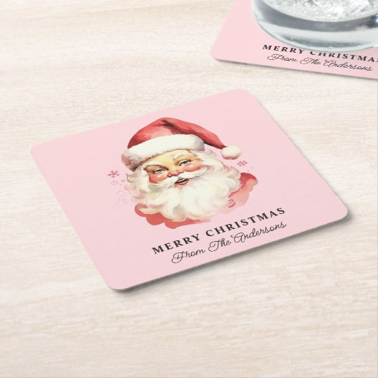 Retro Santa Pink Gepersonaliseerde naam Kerstmis Kartonnen Onderzetters (Schuin)