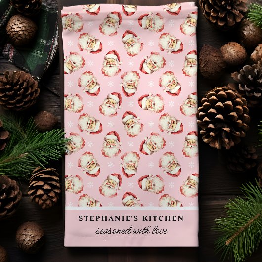 Retro Santa Pink Gepersonaliseerde naam Kerstmis Theedoek