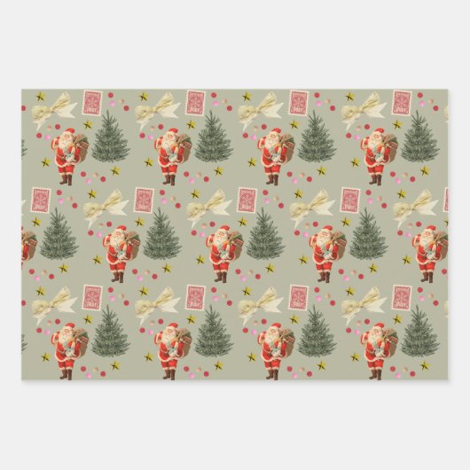 Retro Santa Pink & Sage Christmas Wrapping Sheets Inpakpapier Vel (Voorkant 3)