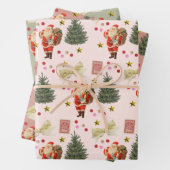 Retro Santa Pink & Sage Christmas Wrapping Sheets Inpakpapier Vel (In situ)