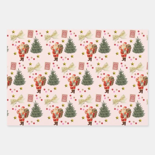 Retro Santa Pink & Sage Christmas Wrapping Sheets Inpakpapier Vel (Voorkant)