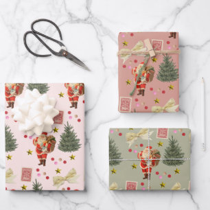 Retro Santa Pink & Sage Christmas Wrapping Sheets Inpakpapier Vel