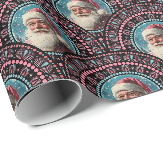 Retro Santa Pinkmas Mandala Art Deco Scallop Cadeaupapier (Rol Hoek)