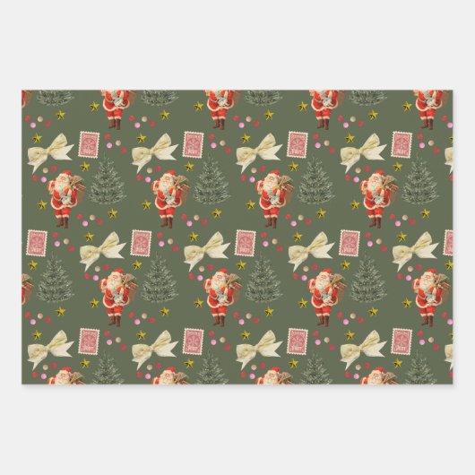 Retro Santa Rood & Groen Kerst Wrapping Sheets Inpakpapier Vel (Voorkant)