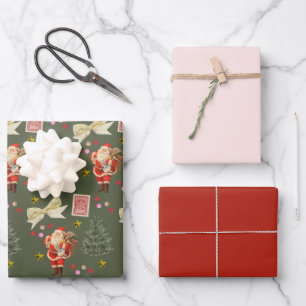 Retro Santa Rood & Groen Kerst Wrapping Sheets Inpakpapier Vel