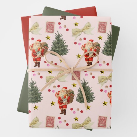 Retro Santa Roze Rood & Groen Kerst Wrap Inpakpapier Vel (In situ)