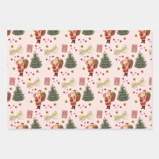 Retro Santa Roze Rood & Groen Kerst Wrap Inpakpapier Vel (Voorkant)