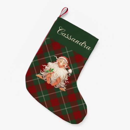 Retro Santa Tartan met naam Kleine Kerstsok (Voorkant (Hangend))