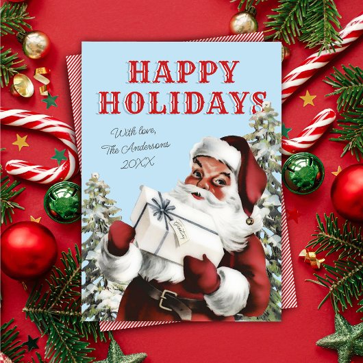 Retro  Santa w / Gift Non-Photo Holiday Kaart
