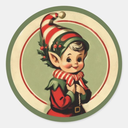 Retro Santa's Elf Vintage Kerstmis Ronde Sticker (Voorkant)