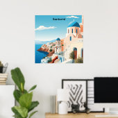 Retro Santorini Greece Mediterranean Blue & White Poster (Thuiskantoor)