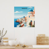 Retro Santorini Greece Mediterranean Blue & White Poster (Keuken)
