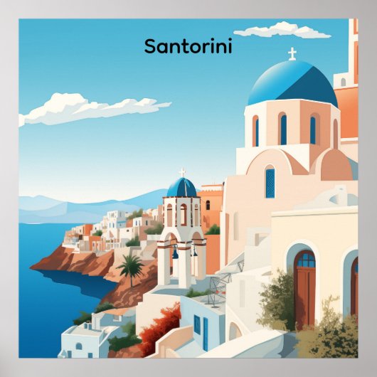 Retro Santorini Greece Mediterranean Blue & White Poster (Voorkant)