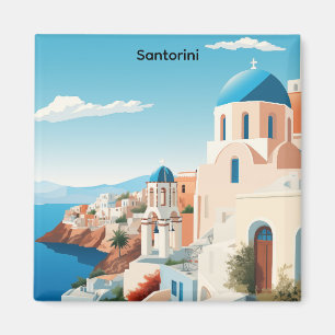 Retro Santorini Griekenland Mediterraan Blauw & Wi Magneet