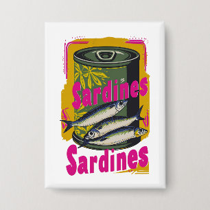 Retro Sardine Kan Illustratie Met Vette Kleuren Button