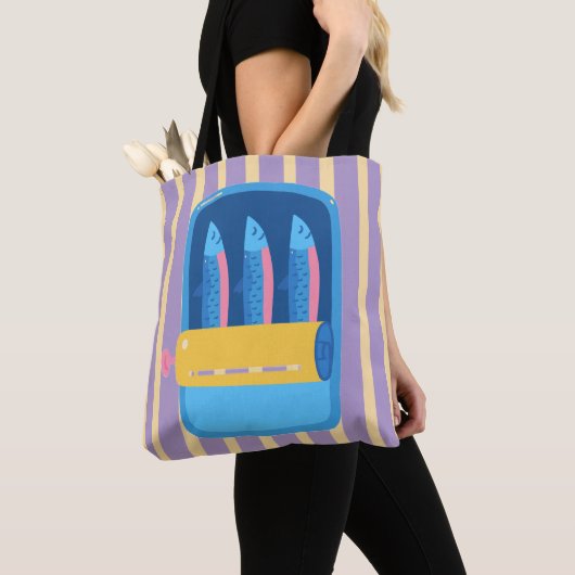 Retro Sardineblik Illustratie Gestreept Tote Bag (Dichtbij)
